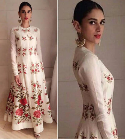 White crystal silk floral digital printed gown