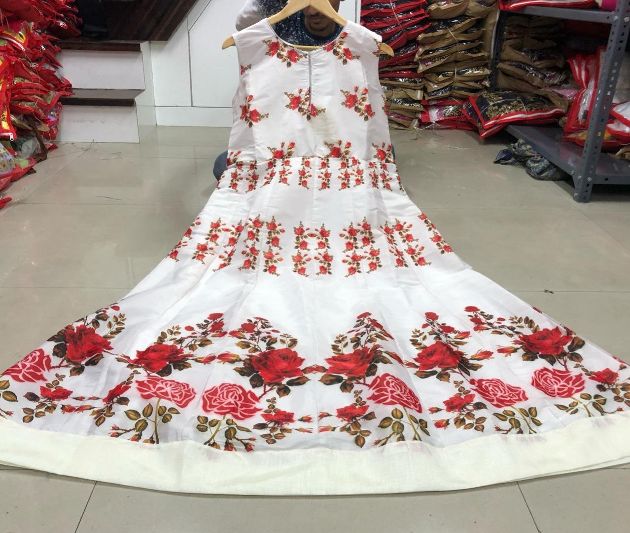 White crystal silk floral digital printed gown