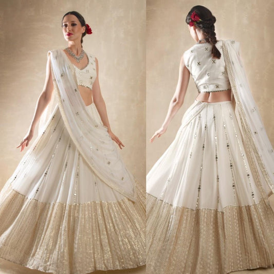 White crystal silk sequence and mirror work ceremonial lehenga choli