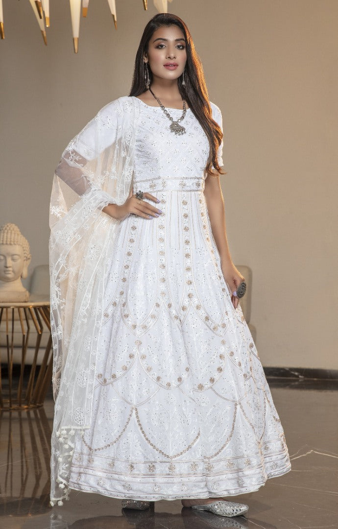 White diamond georgette embroidered anarkali gown