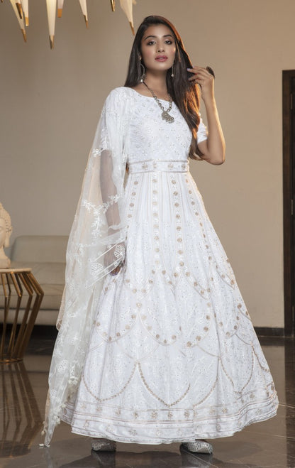 White diamond georgette embroidered anarkali gown