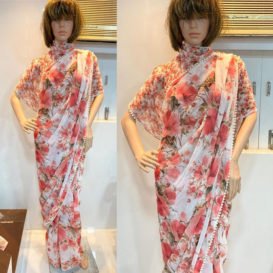 White digital 3d printed georgette designer saree with moti lace