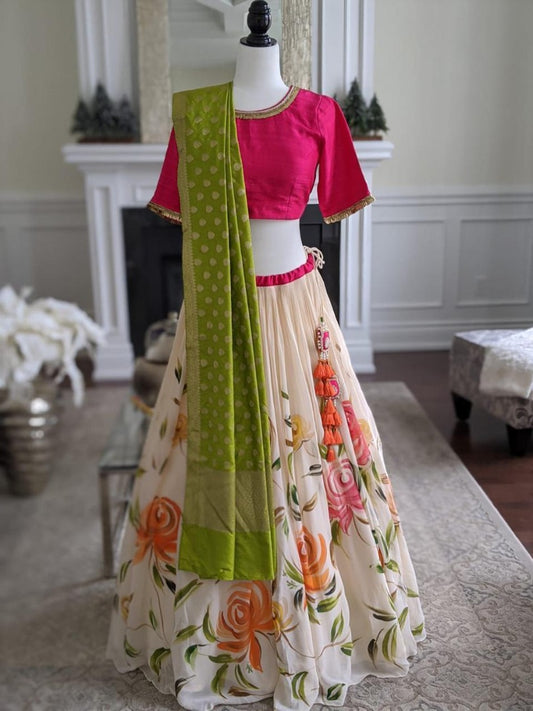 White digital flower printed lehenga choli