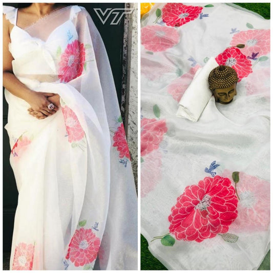 white digital flower printed orgenza saree