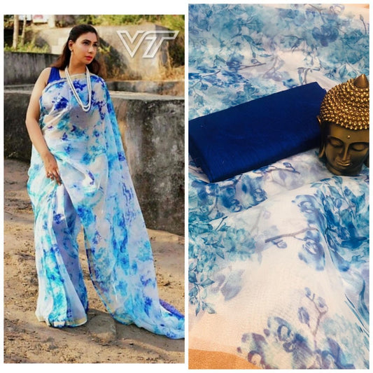 white digital flower printed orgenza saree