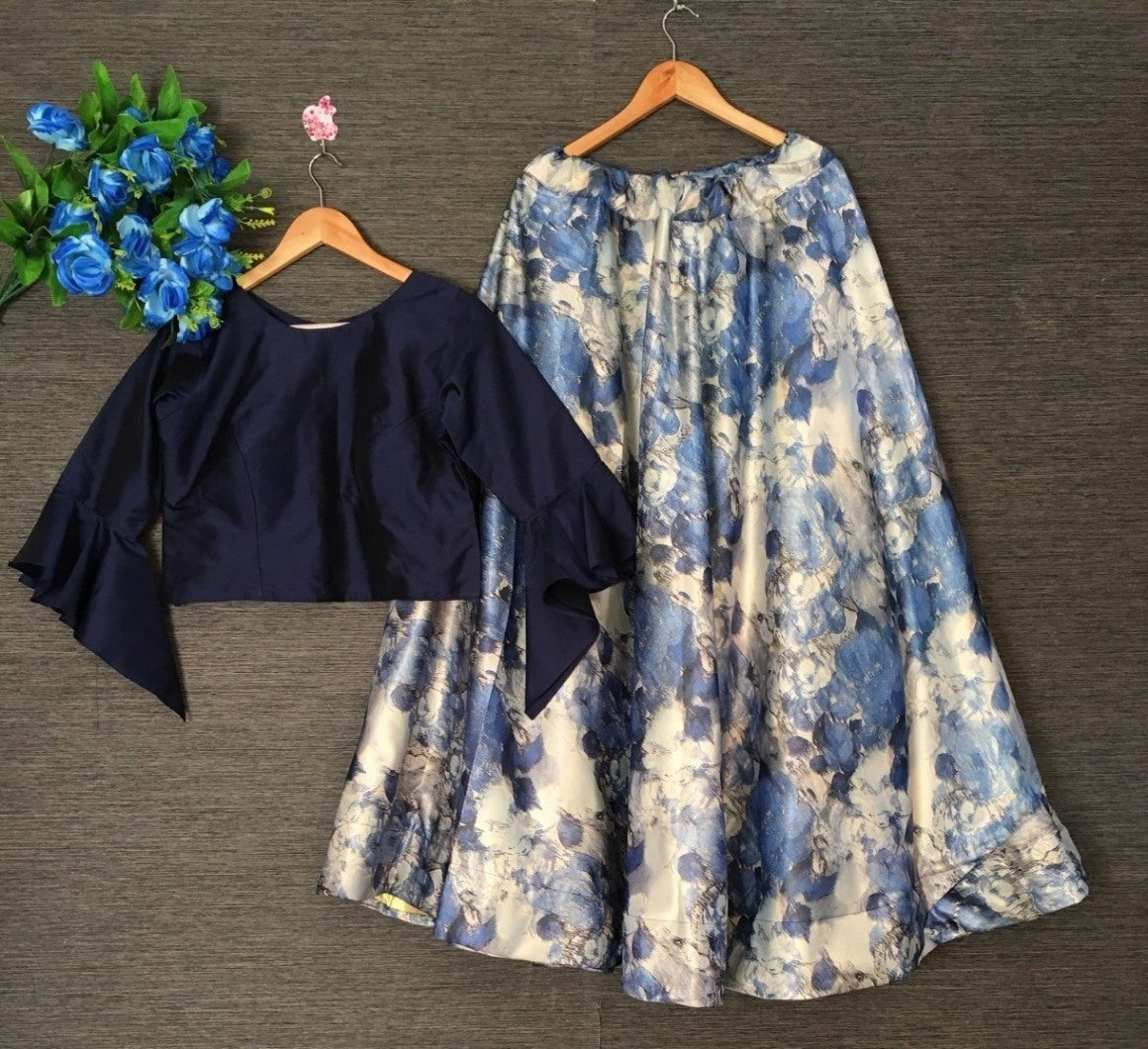 White digital printed crop top lehenga