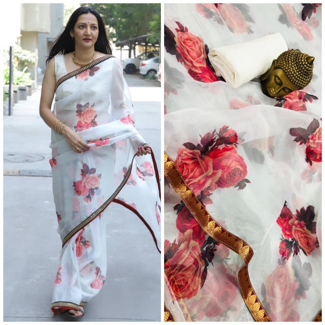 white digital printed flower orgenza saree