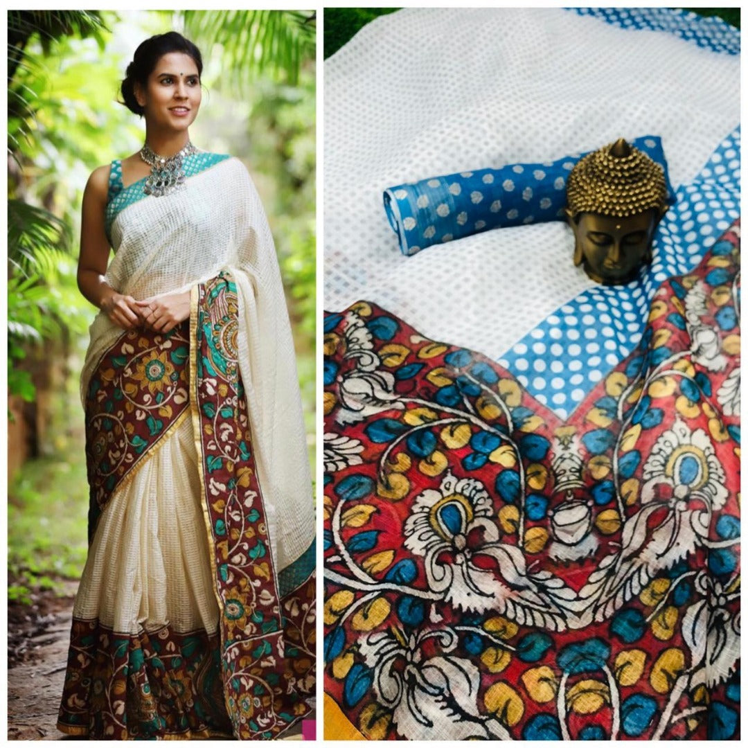 white digital printed linen festival saree with multicolored border