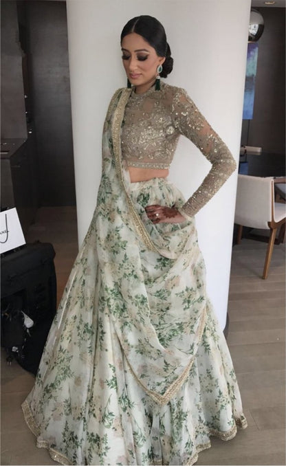 white digital printed organza silk ceremonial lehenga