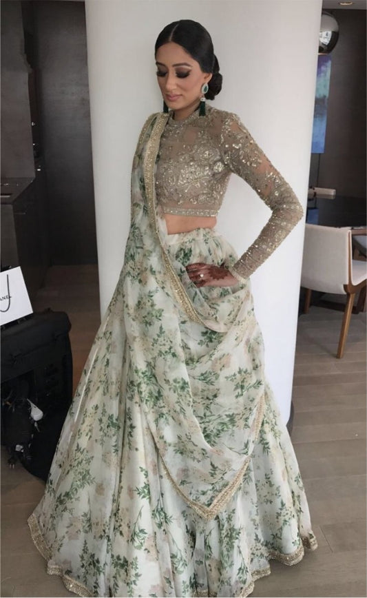 white digital printed organza silk ceremonial lehenga