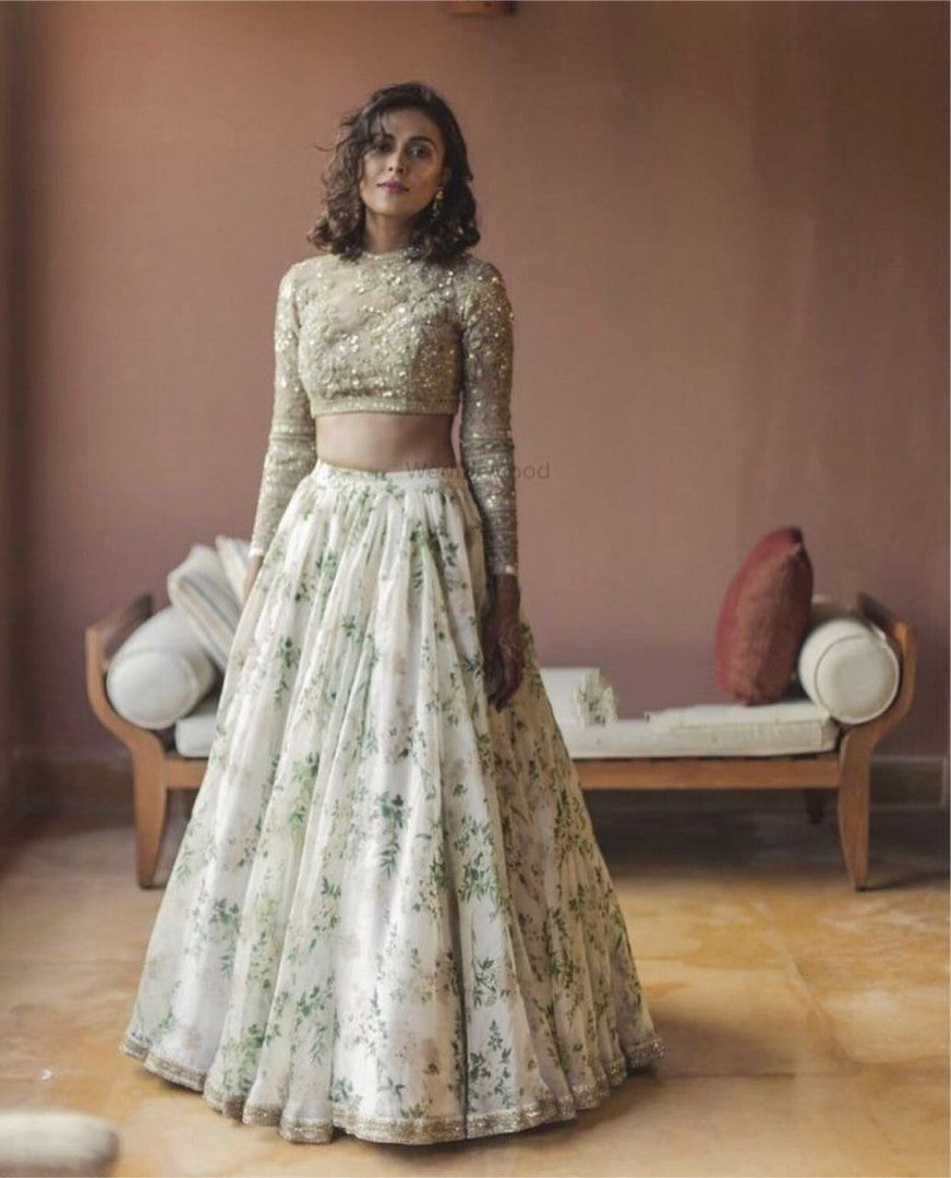 white digital printed organza silk ceremonial lehenga
