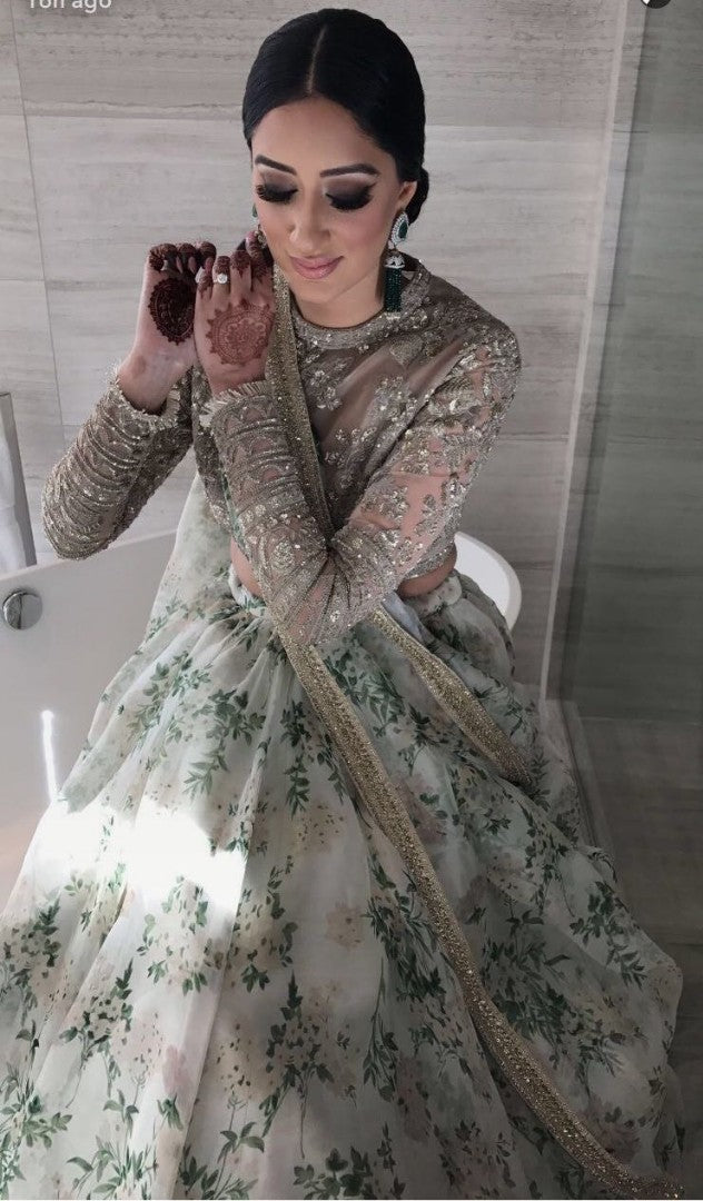 white digital printed organza silk ceremonial lehenga