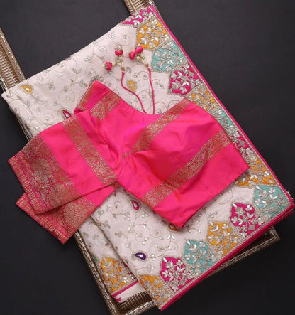 White dola silk embroidery work designer saree