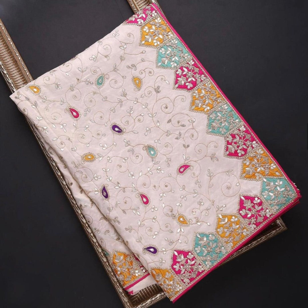 White dola silk embroidery work designer saree