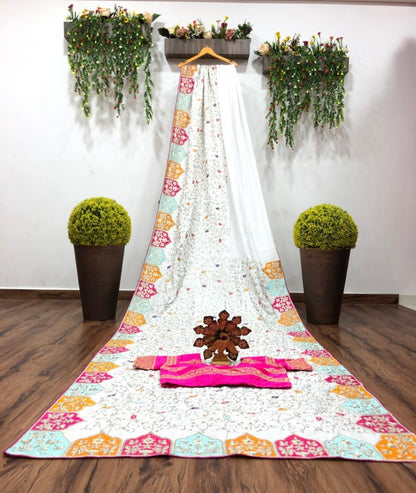 White dola silk embroidery work designer saree