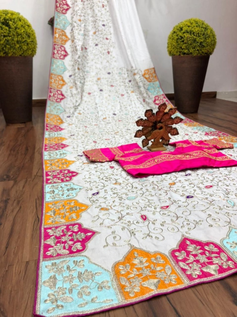 White dola silk embroidery work designer saree