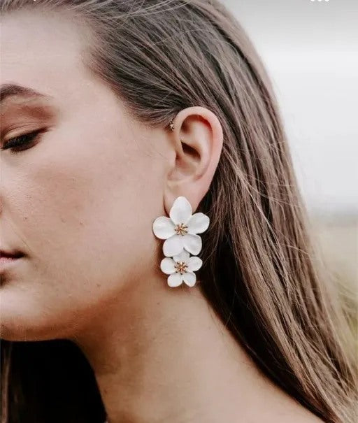 White Double Flower Earrings