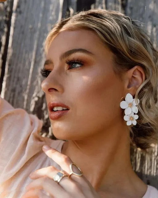 White Double Flower Earrings