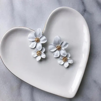 White Double Flower Earrings