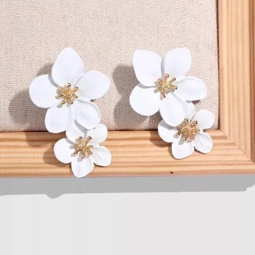 White Double Flower Earrings
