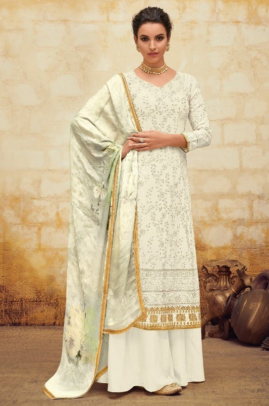 White faux georgette embroidered designer salwar suit
