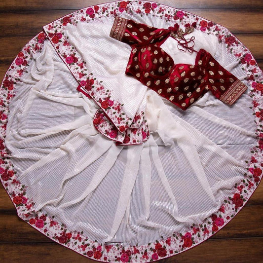 White faux georgette sequence with embroidered work ceremonial saree