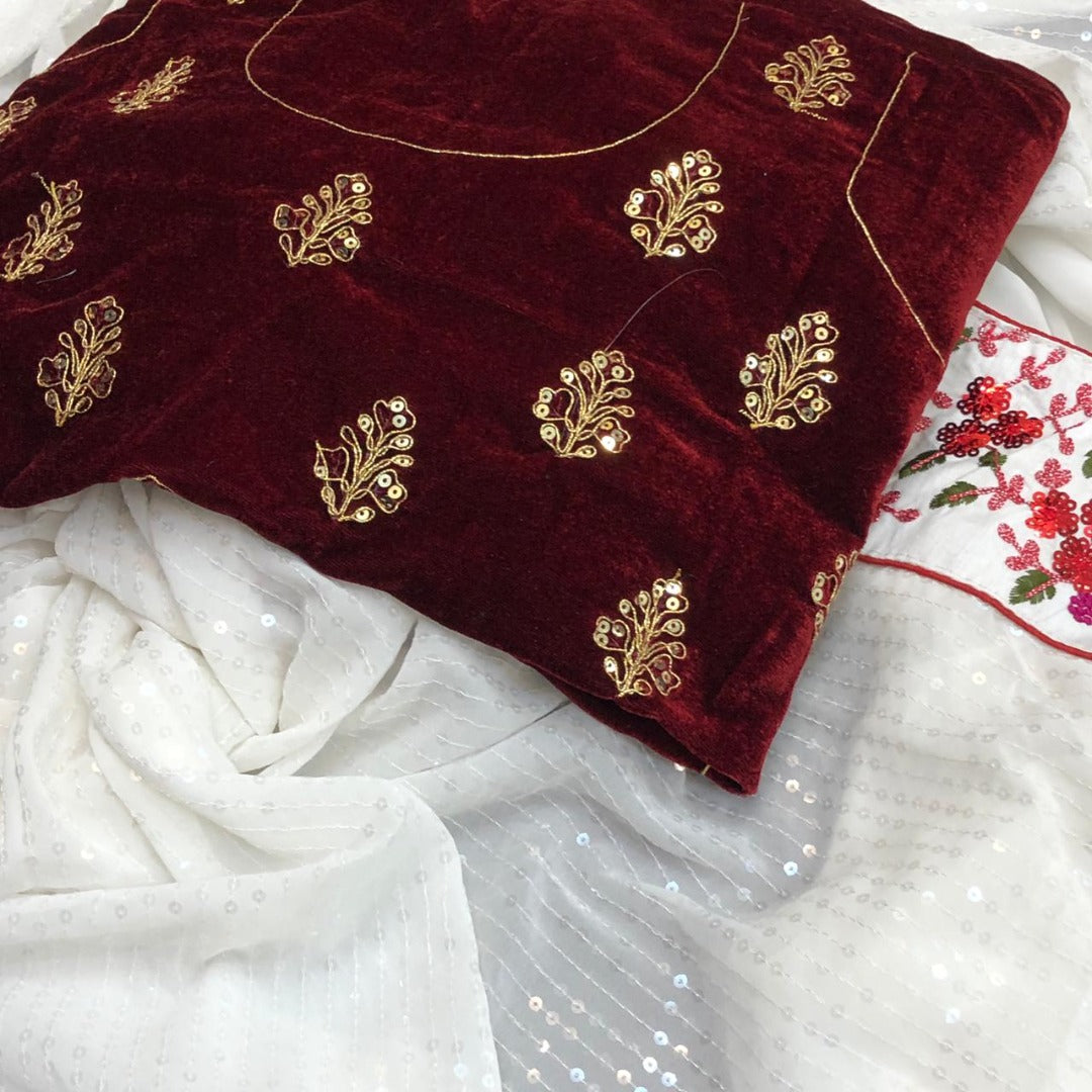 White faux georgette sequence with embroidered work ceremonial saree