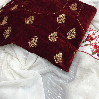 White faux georgette sequence with embroidered work ceremonial saree