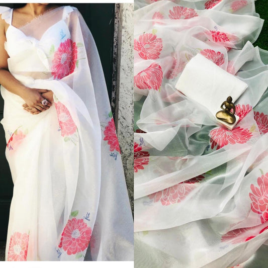 white floral digital printed pure orgenza saree