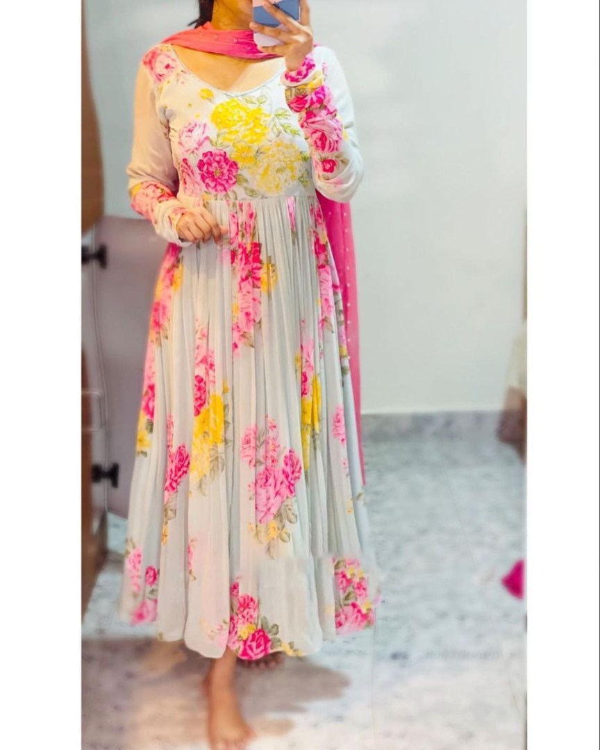 White floral printed anarkali suit
