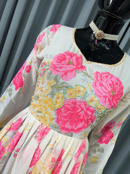 White floral printed anarkali suit