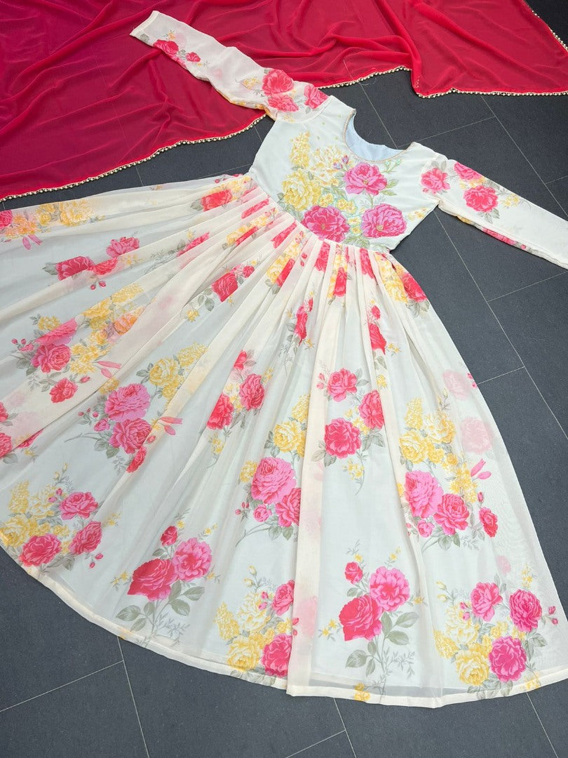 White floral printed anarkali suit