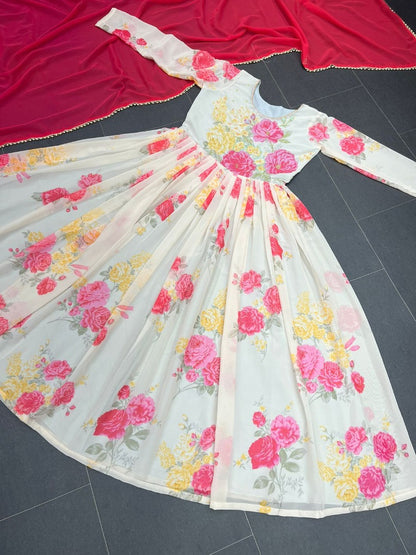 White floral printed anarkali suit
