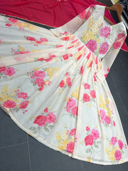 White floral printed anarkali suit