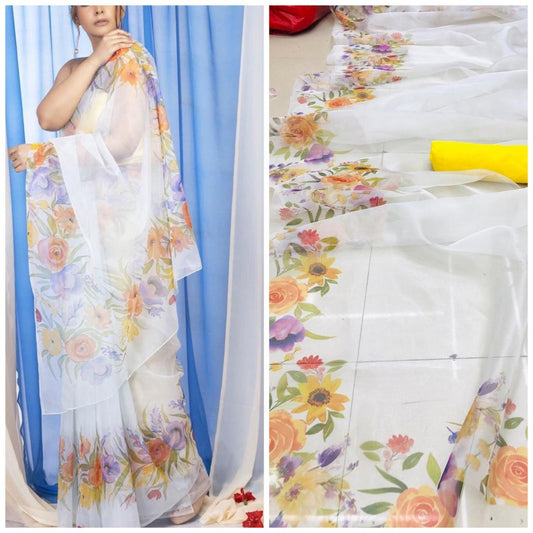 White floral printed border organza saree