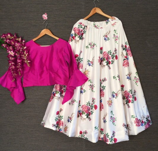 White floral printed crop top lehenga