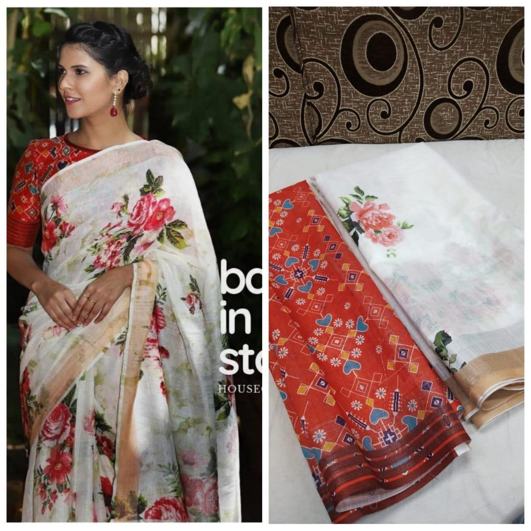 White floral printed linen saree