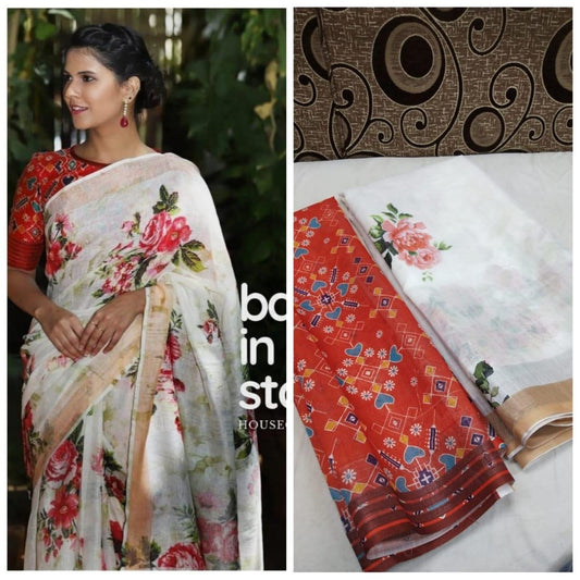 White floral printed linen saree