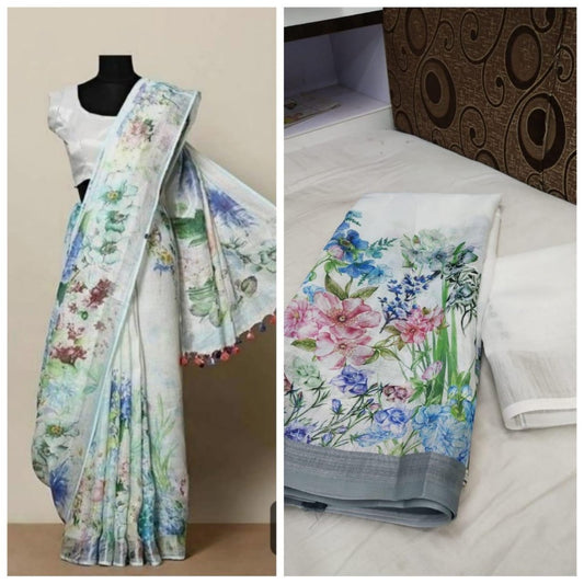 White floral printed linen saree