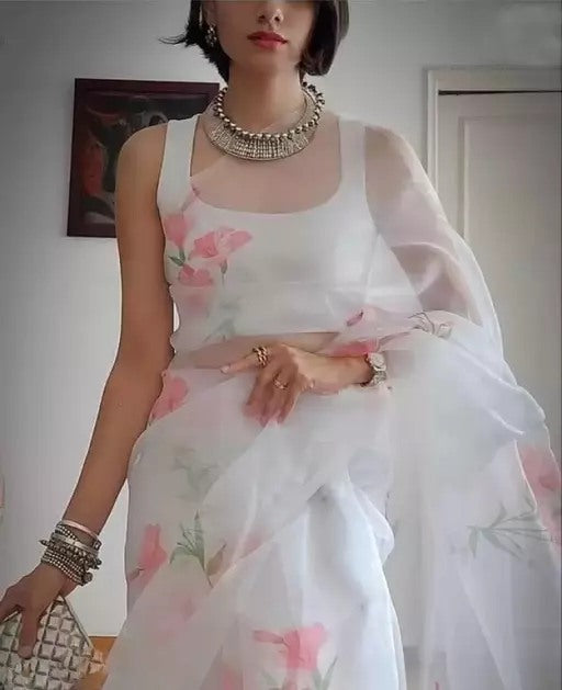 White floral printed organza saree
