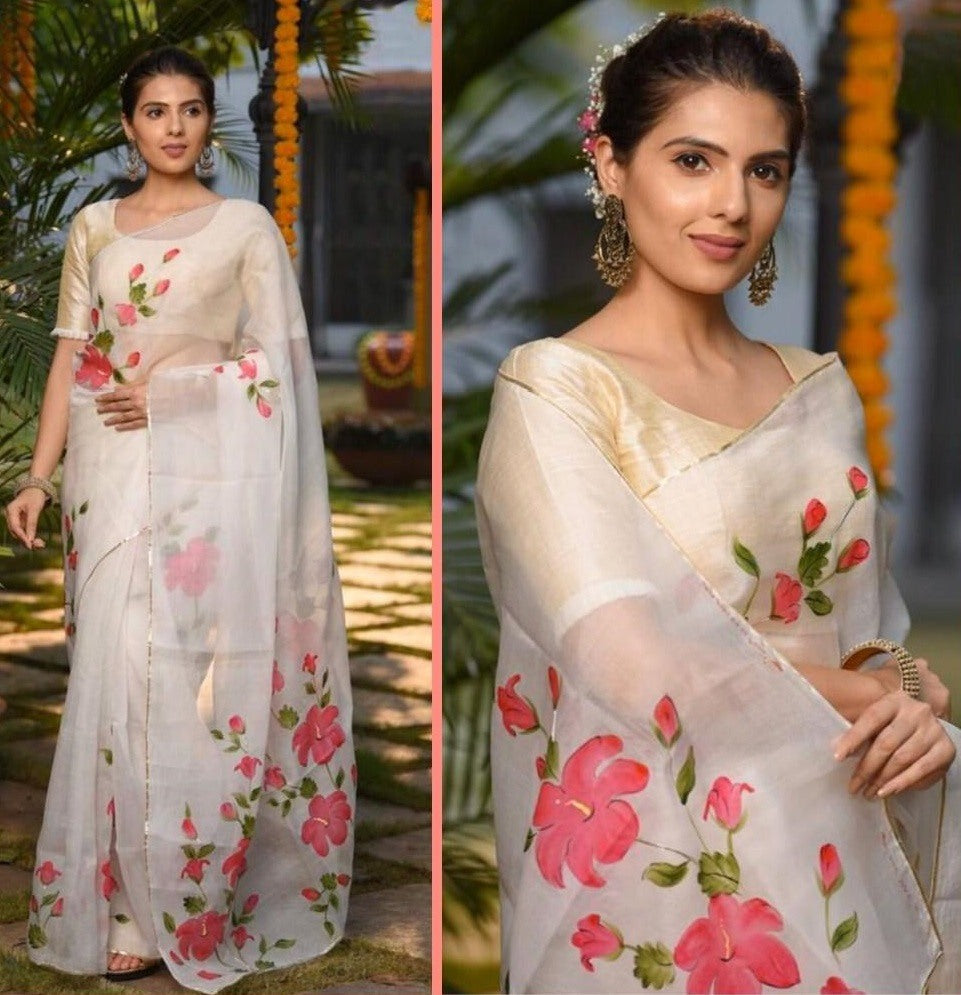 White floral printed organza saree