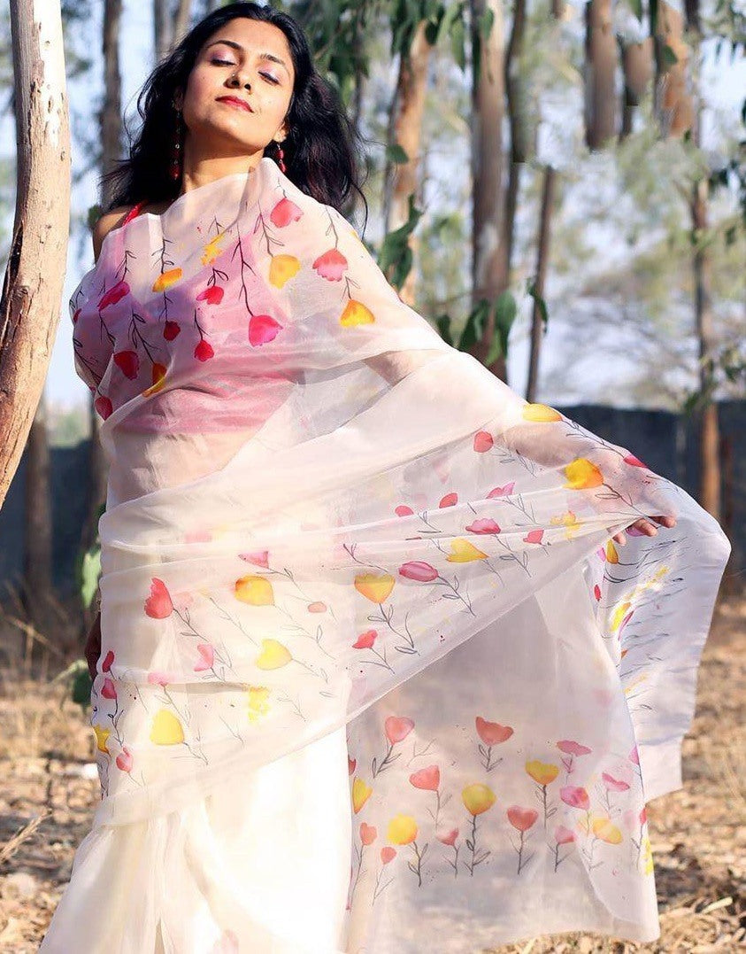 White floral printed organza saree