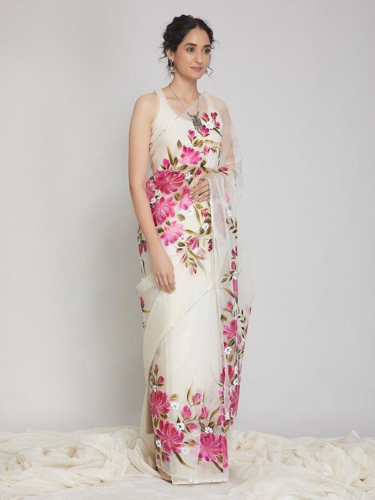 White floral printed organza saree