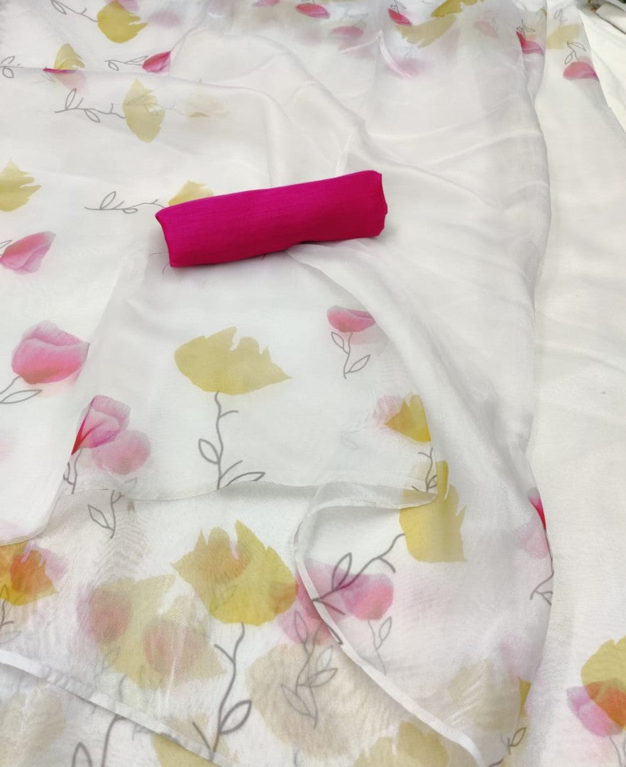 White floral printed organza saree