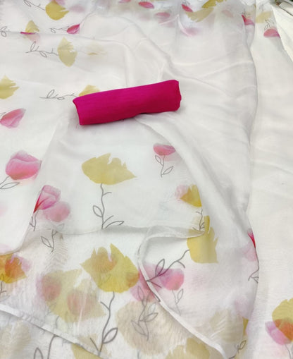 White floral printed organza saree
