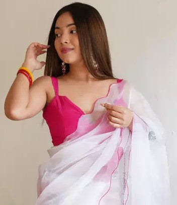 White floral printed organza saree
