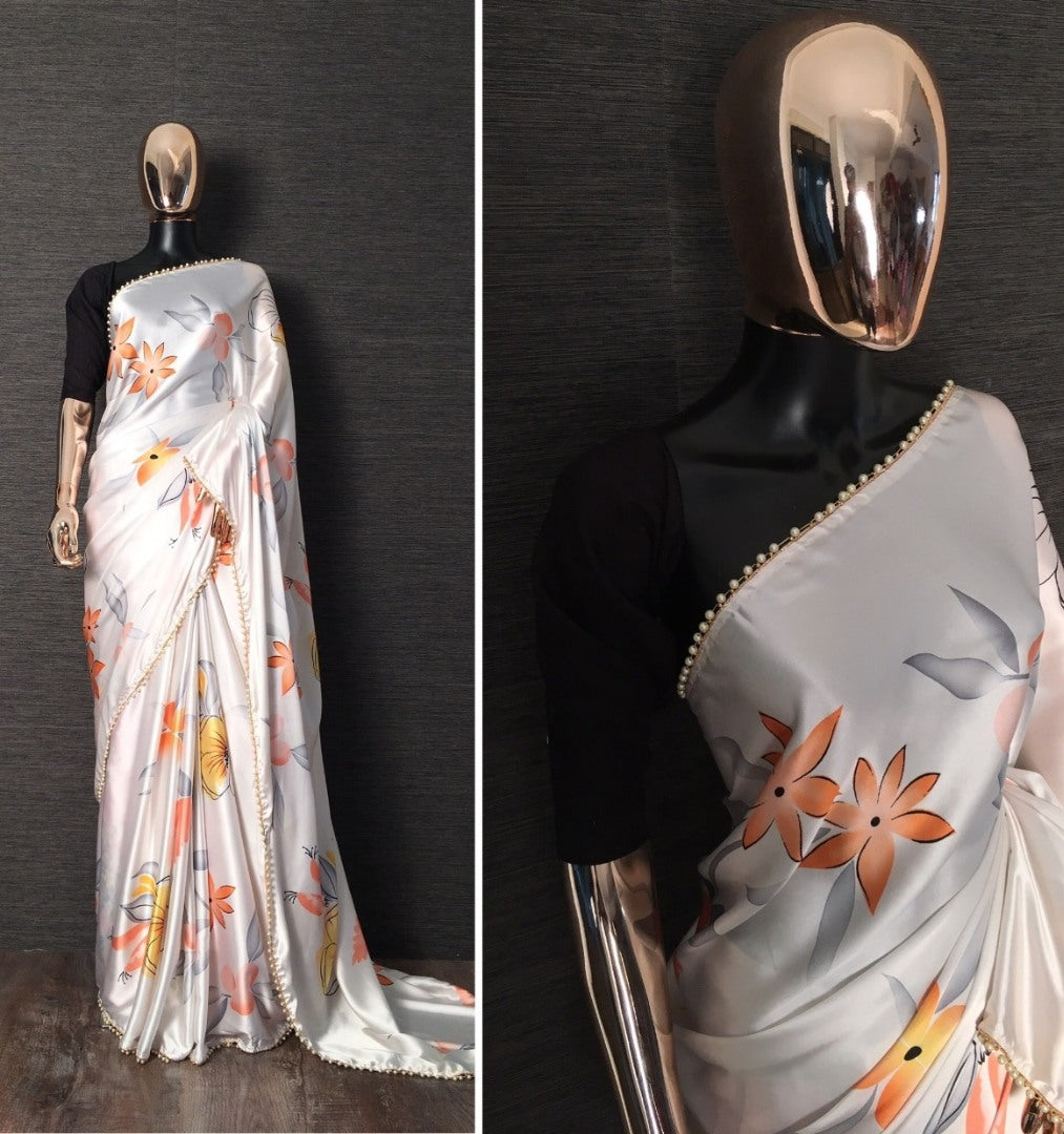 White floral printed pearl lace border saree
