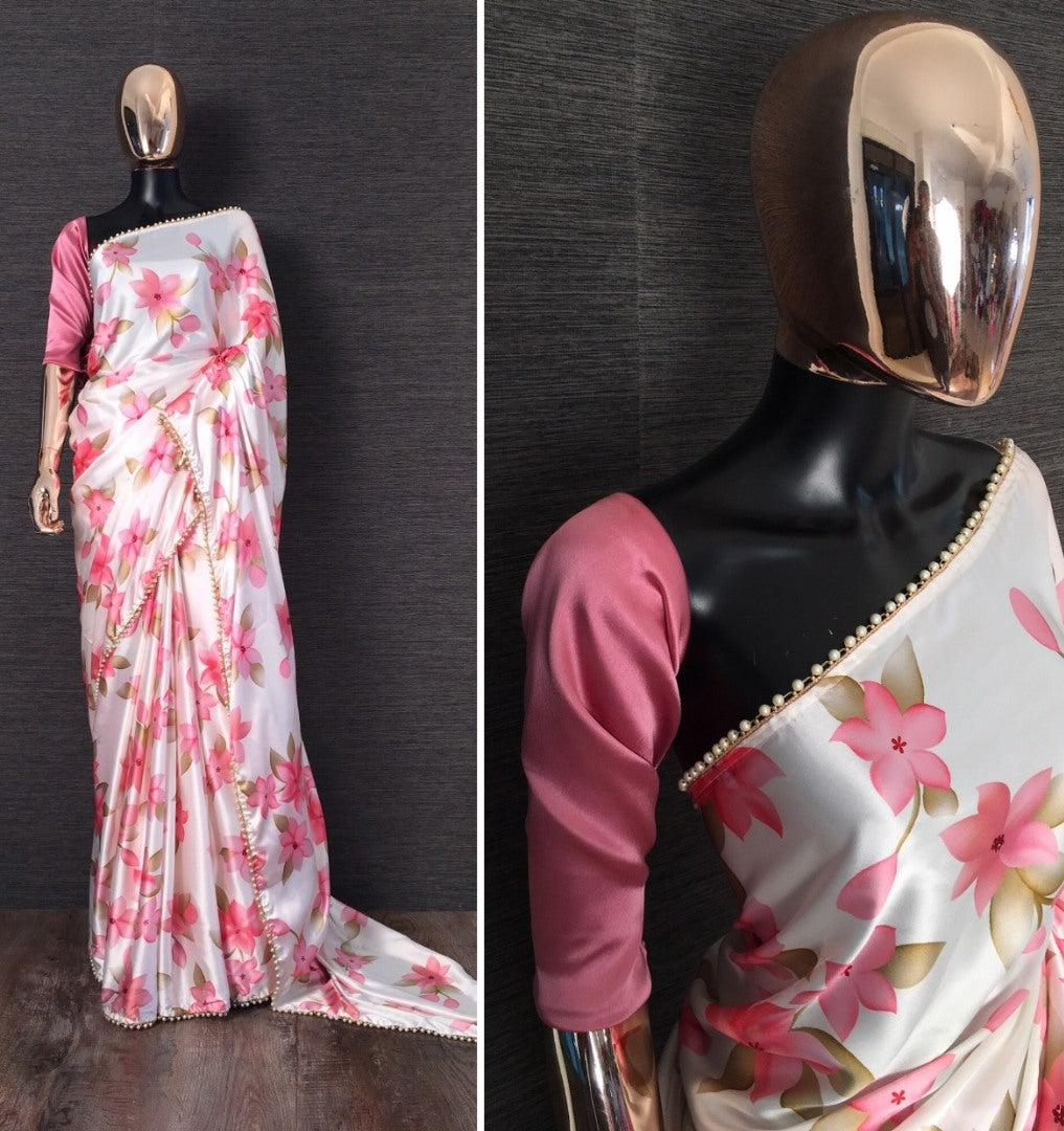 White floral printed pearl lace border saree