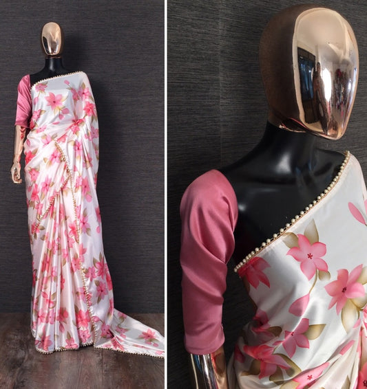 White floral printed pearl lace border saree