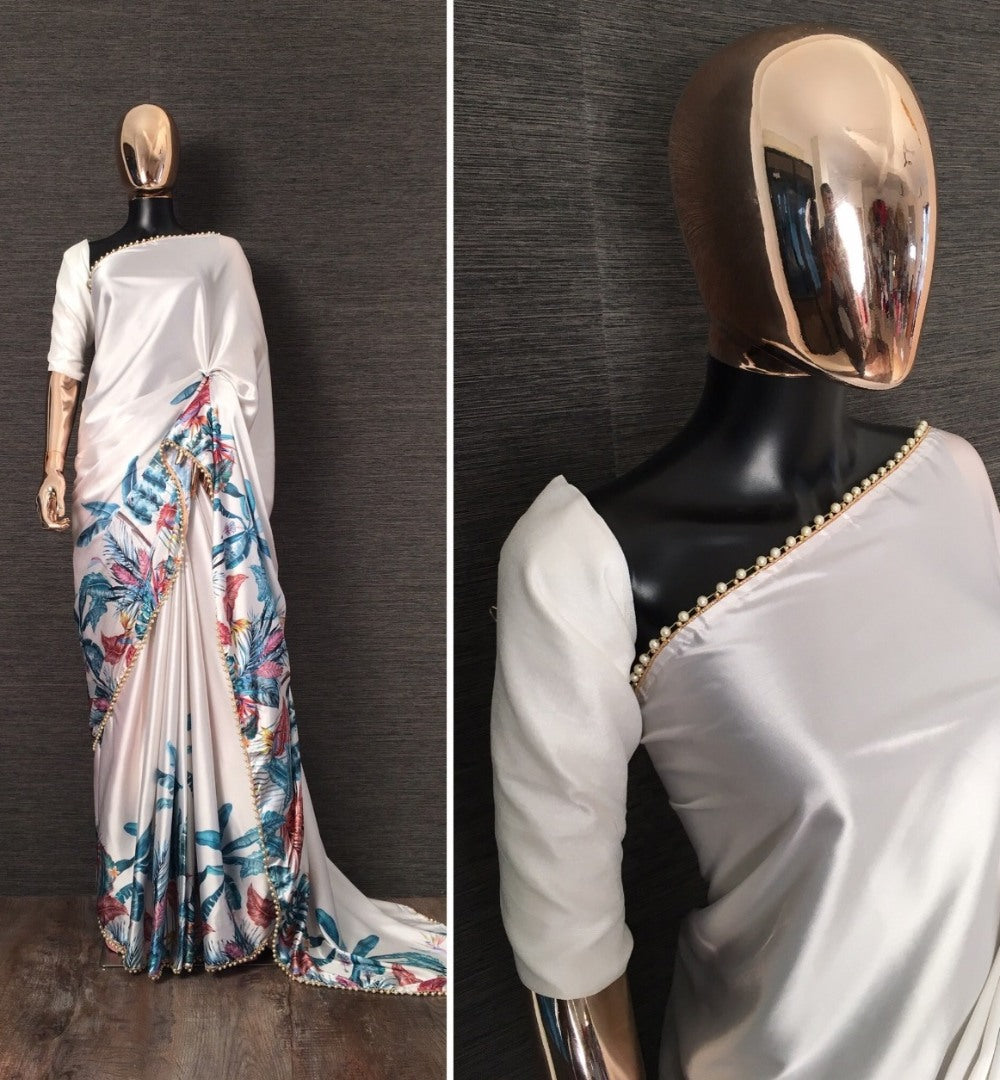 White floral printed pearl lace border saree